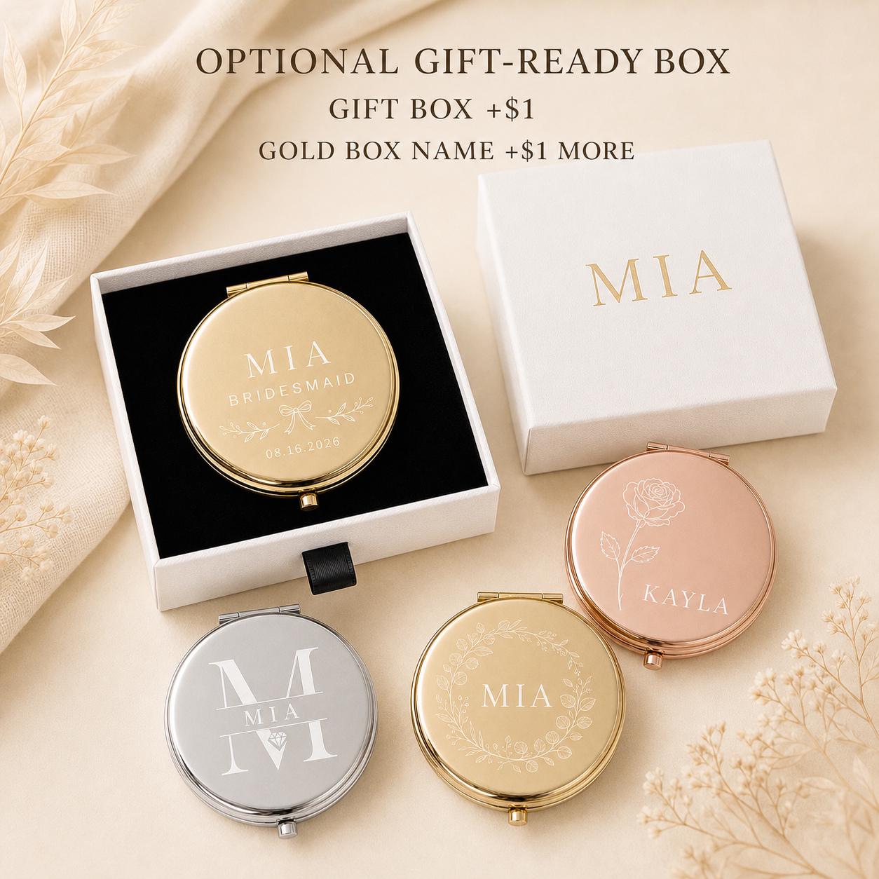 Bridesmaid compact mirror presentation box personalized with an optional recipient name printed in gold