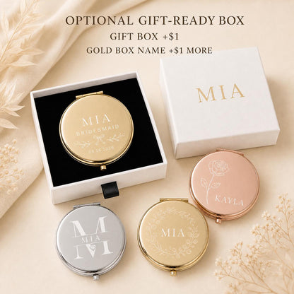 Bridesmaid compact mirror presentation box personalized with an optional recipient name printed in gold