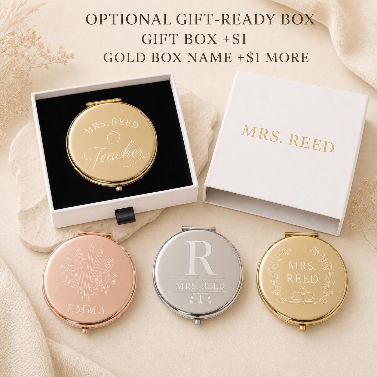 Teacher compact mirror presentation box personalized with an optional recipient name printed in gold