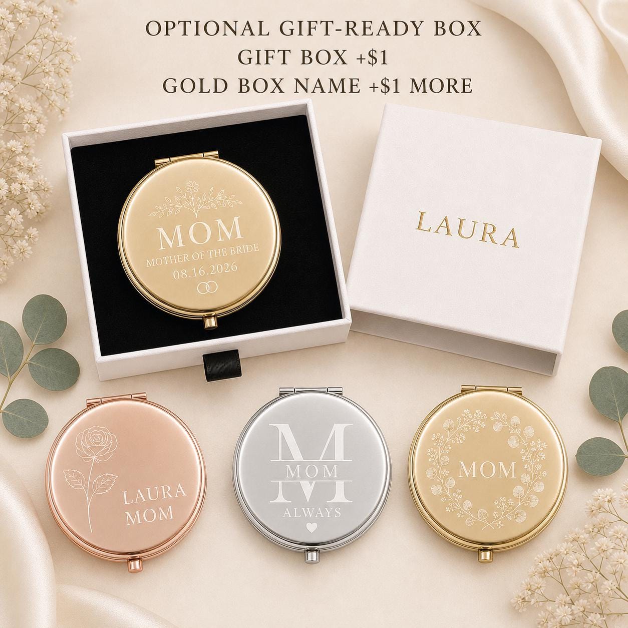 Mother of the Bride or Groom compact mirror presentation box personalized with an optional recipient name printed in gold
