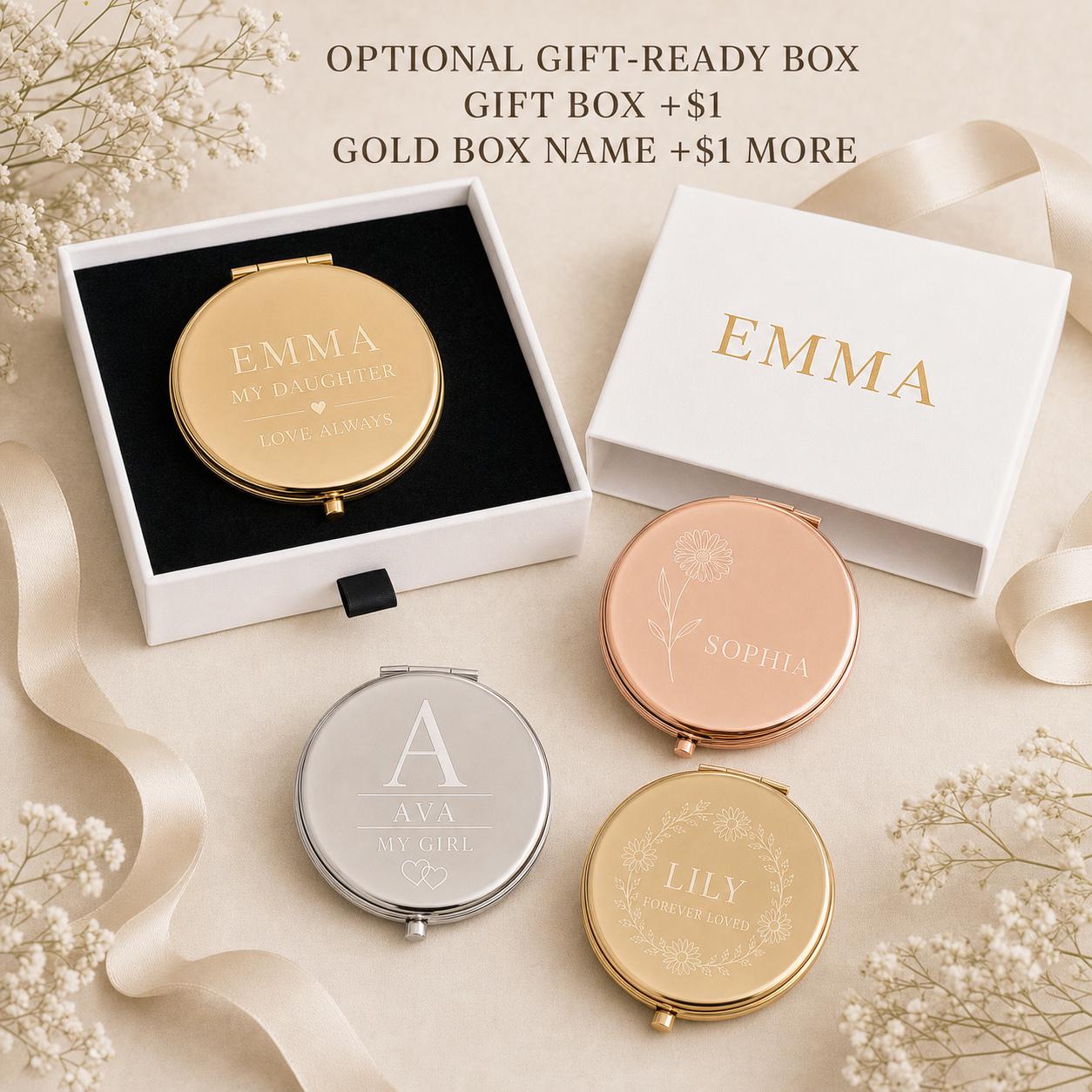 Daughter Granddaughter or Niece compact mirror presentation box personalized with an optional recipient name printed in gold