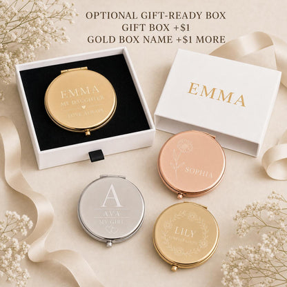 Daughter Granddaughter or Niece compact mirror presentation box personalized with an optional recipient name printed in gold
