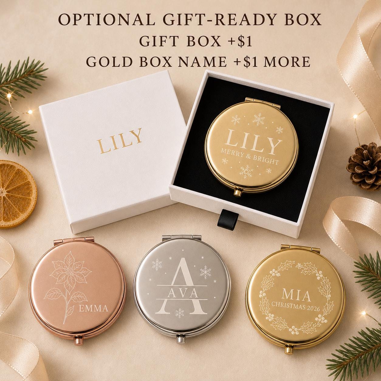 Christmas Daughter Niece or Tween compact mirror presentation box personalized with an optional recipient name printed in gold