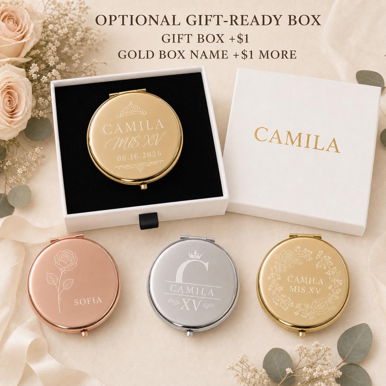 Quinceanera Sweet 15 compact mirror presentation box personalized with an optional recipient name printed in gold