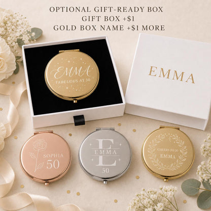 Milestone Birthday compact mirror presentation box personalized with an optional recipient name printed in gold