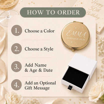 How to order a personalized Milestone Birthday compact mirror with color style wording and gift message