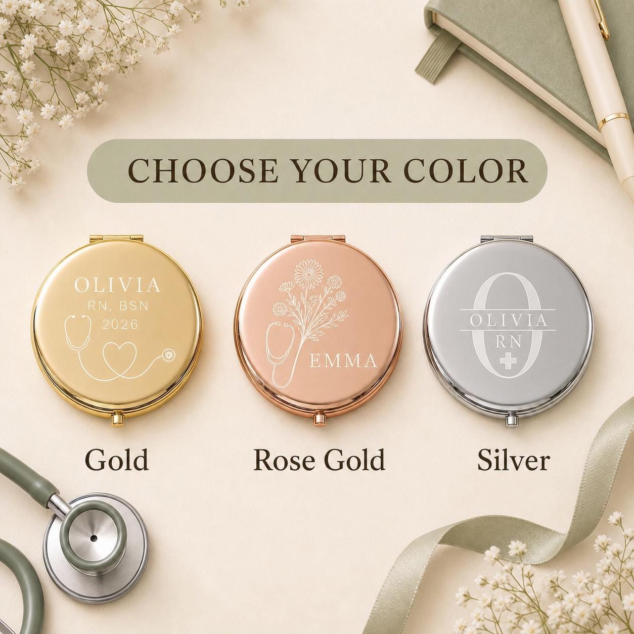 Choose gold rose gold or silver for a personalized Nurse Appreciation or Nursing Graduation pocket mirror