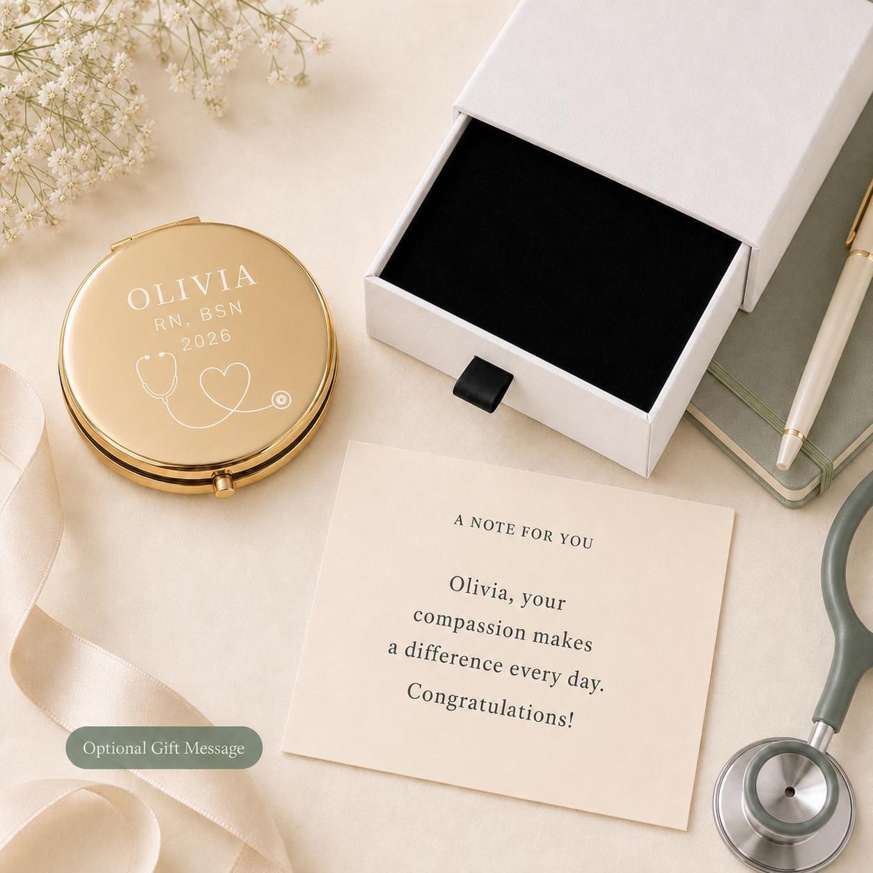 Nurse Appreciation or Nursing Graduation personalized compact mirror with occasion-specific printed gift message and flat black box insert