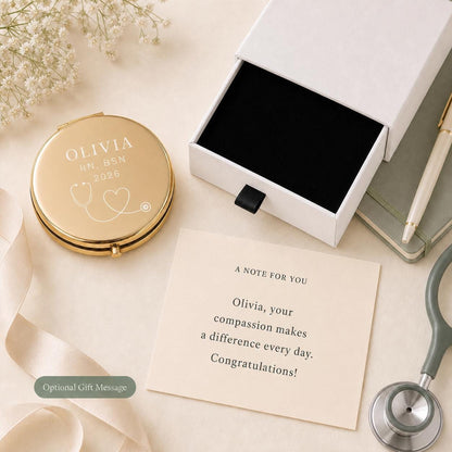 Nurse Appreciation or Nursing Graduation personalized compact mirror with occasion-specific printed gift message and flat black box insert