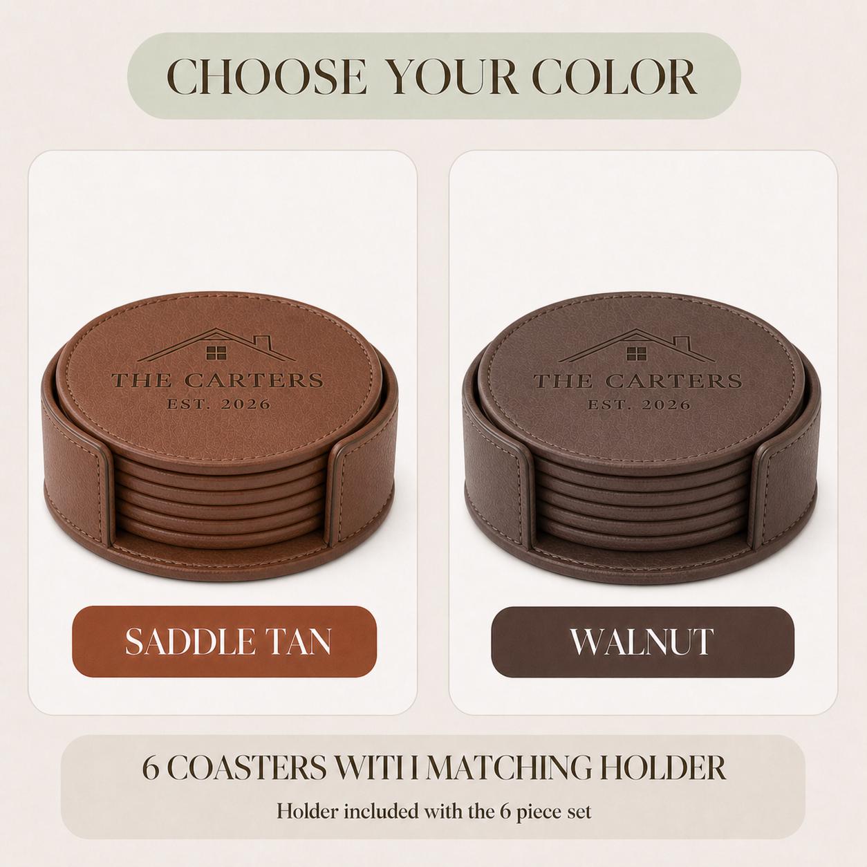 Saddle Tan and Walnut color options for new home leather coasters