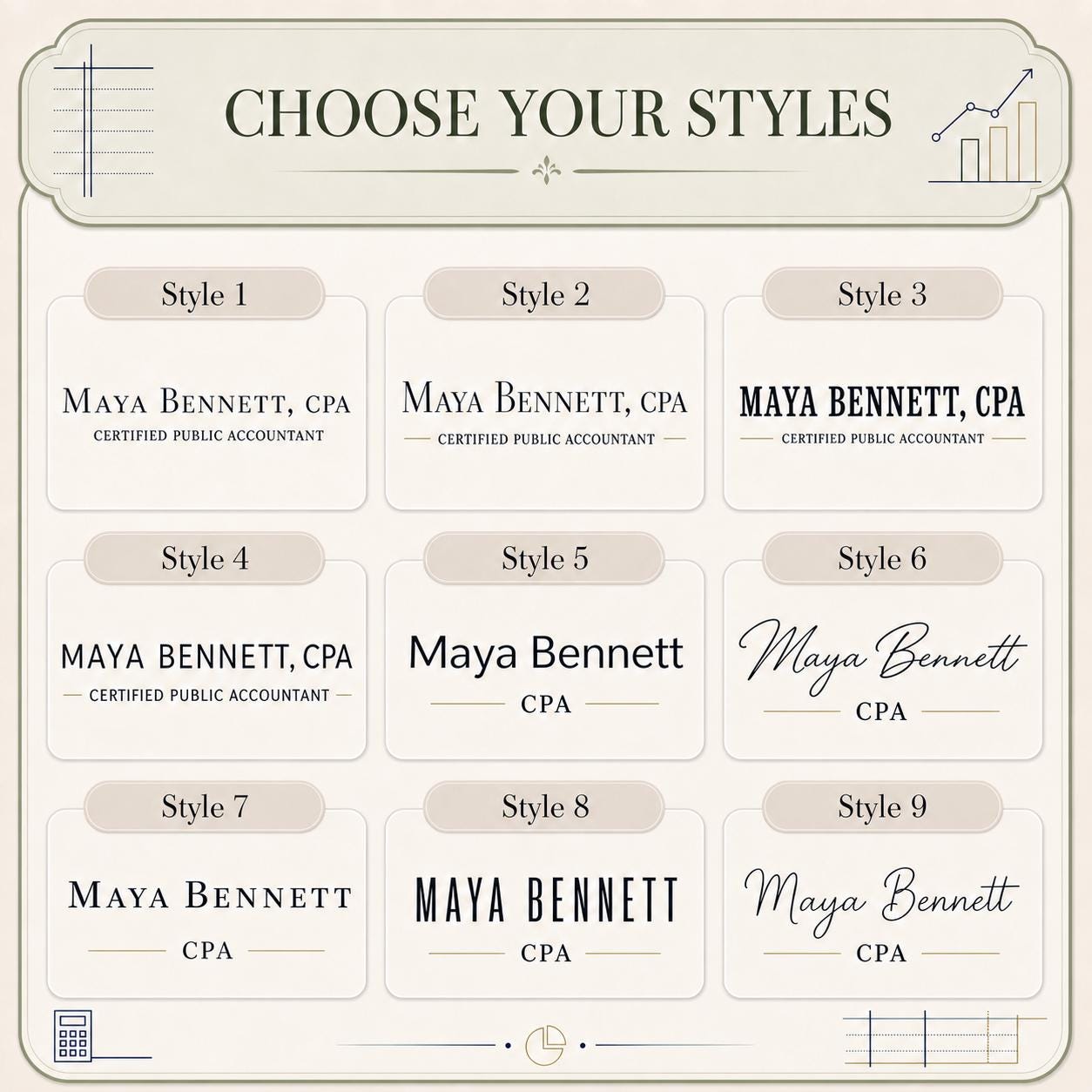 Nine typography styles for the cpa acrylic nameplate