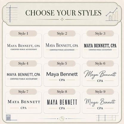Nine typography styles for the cpa acrylic nameplate