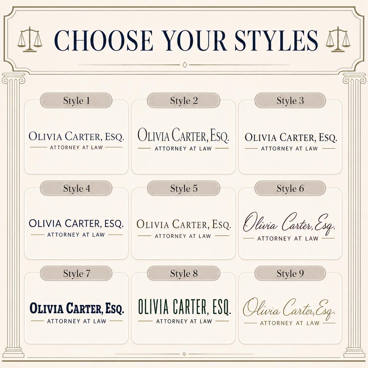 Nine typography styles for the lawyer acrylic nameplate