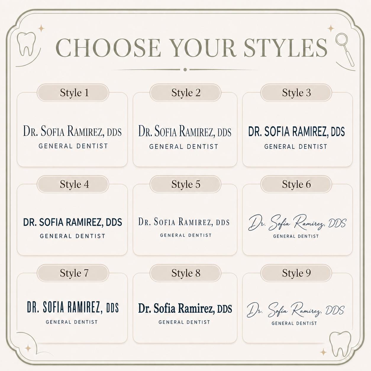 Nine typography styles for the dentist acrylic nameplate