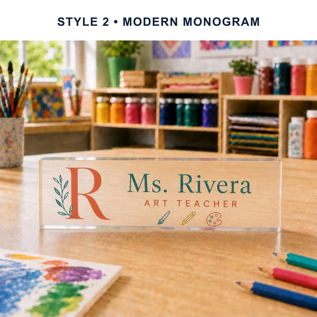 Art Teacher Style 2 - Modern Monogram personalized acrylic block nameplate preview with a uniform style banner