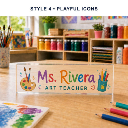 Art Teacher Style 4 - Playful Icons personalized acrylic block nameplate preview with a uniform style banner