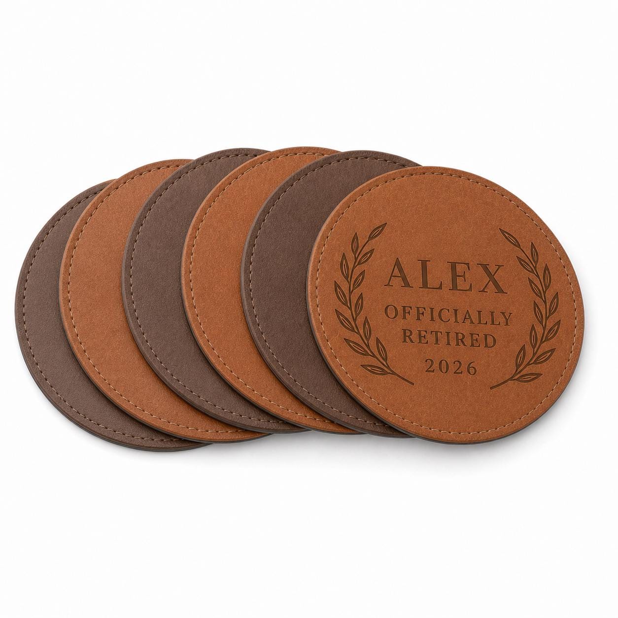 Six personalized retirement leather coasters in Saddle Tan and Walnut