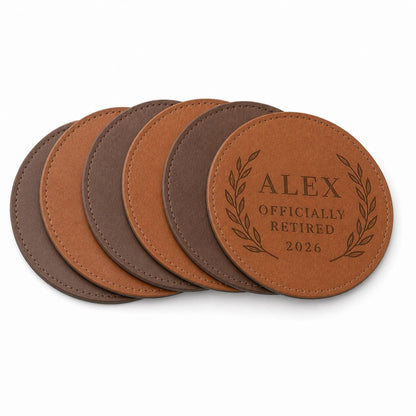 Six personalized retirement leather coasters in Saddle Tan and Walnut
