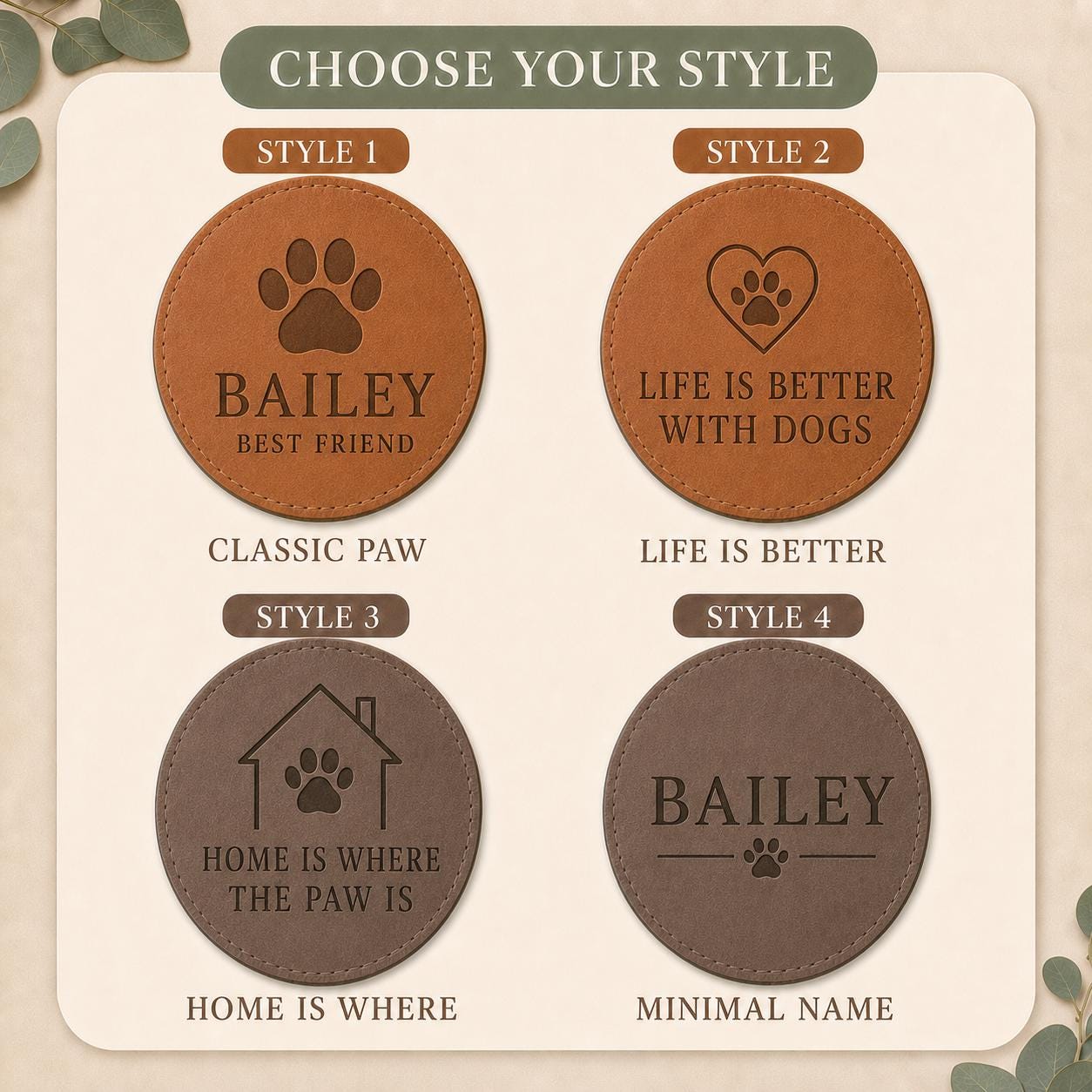 Four engraving styles for pet name leather coasters
