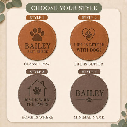 Four engraving styles for pet name leather coasters