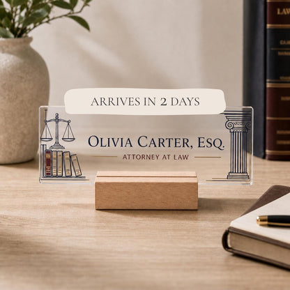 Personalized lawyer acrylic nameplate with shipping text to be cleaned before publishing