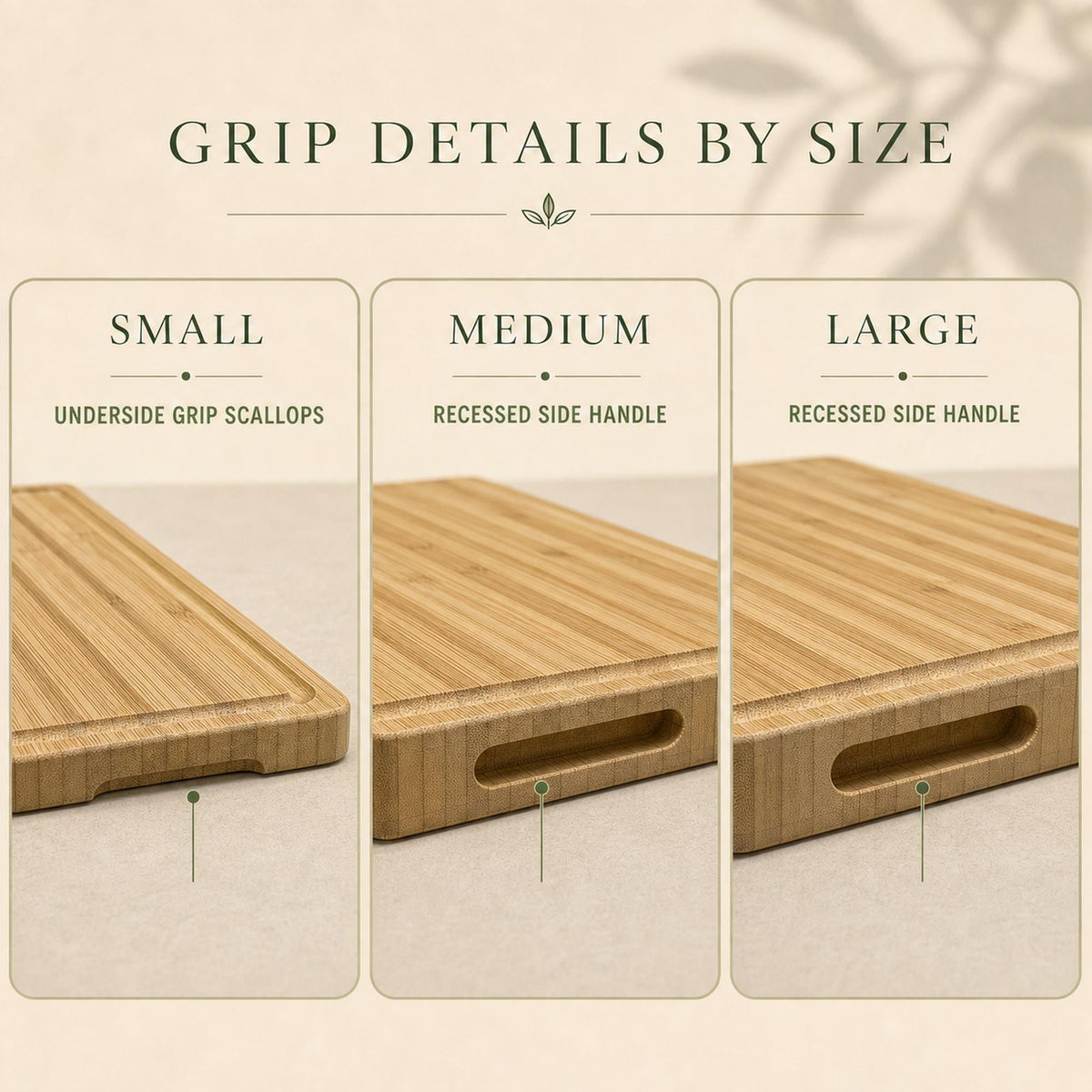 Personalized Camping Cutting Board shown in side-grip details by size.