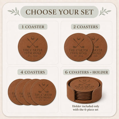 One, two, four, and six-piece golf leather coasters set options