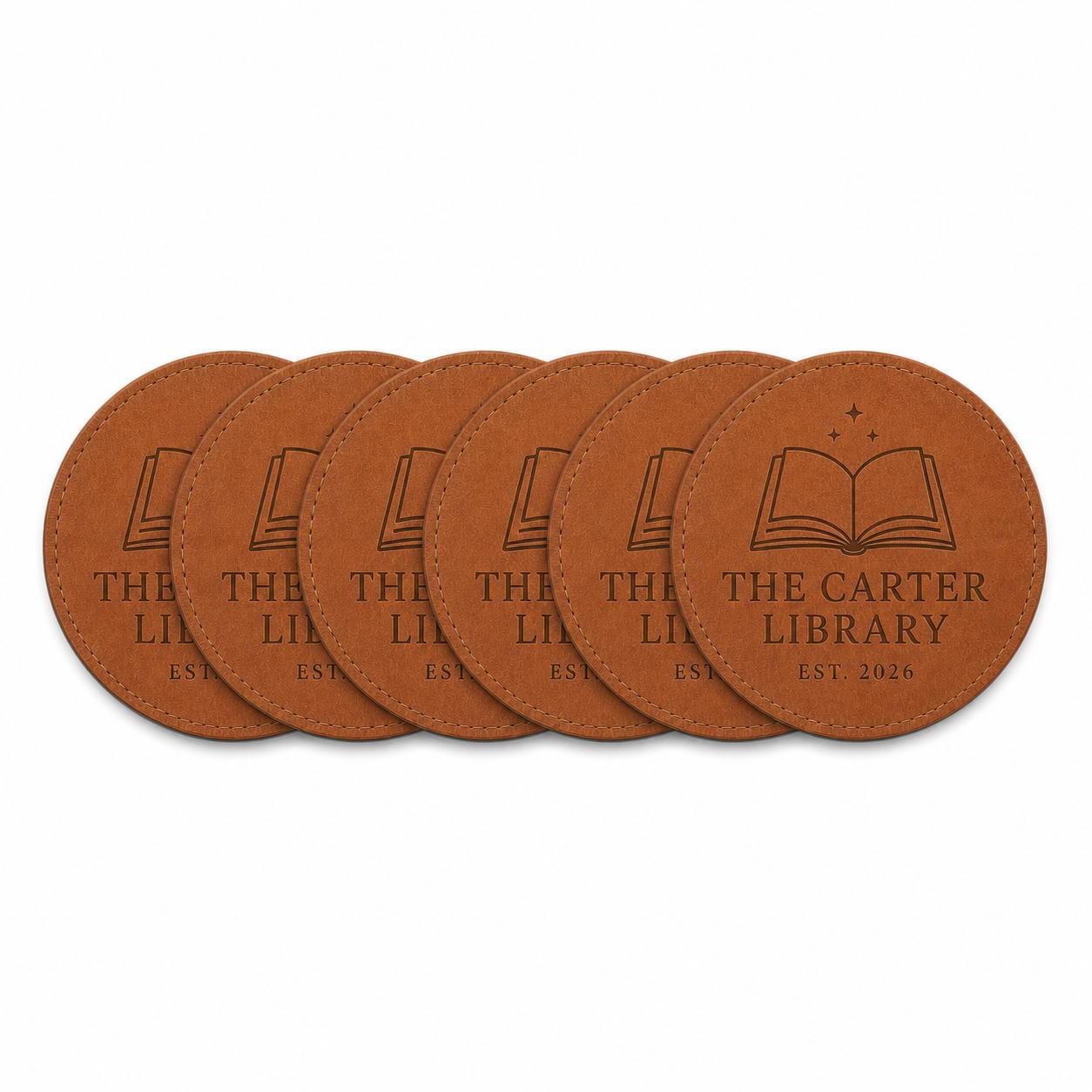 Six personalized book lover leather coasters in Saddle Tan and Walnut