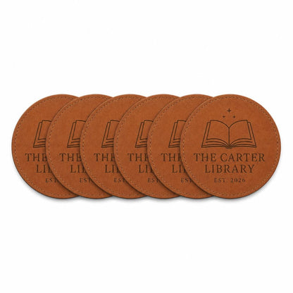 Six personalized book lover leather coasters in Saddle Tan and Walnut