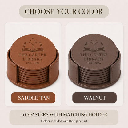 Saddle Tan and Walnut color options for book lover leather coasters
