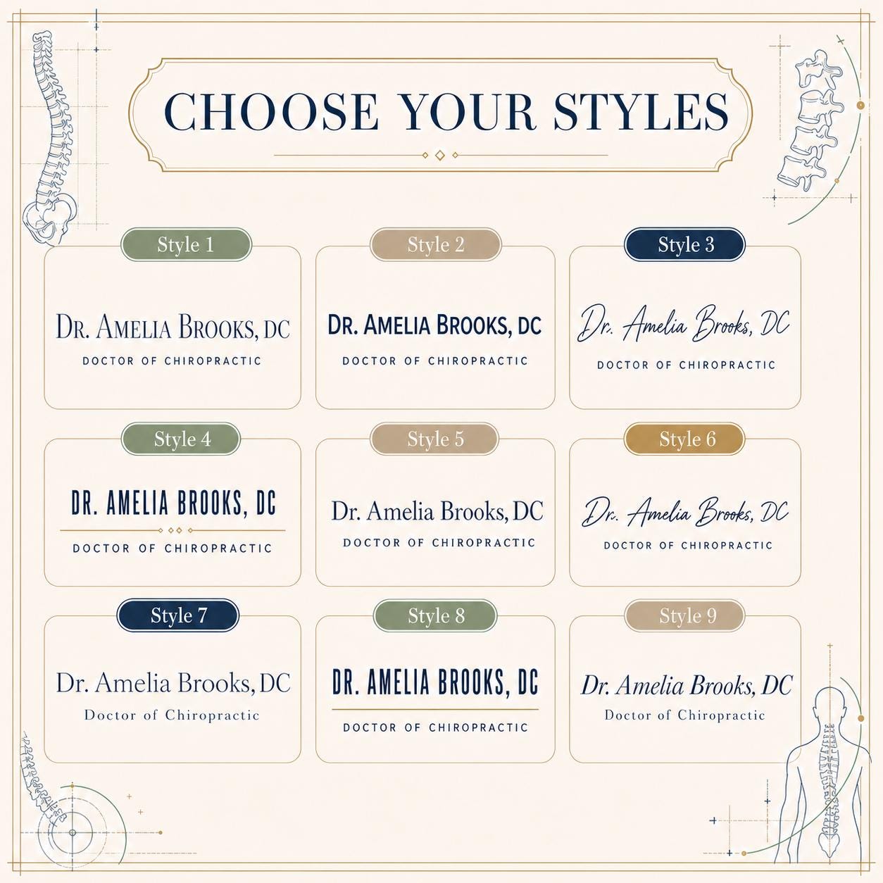 Nine typography styles for the chiropractor acrylic nameplate