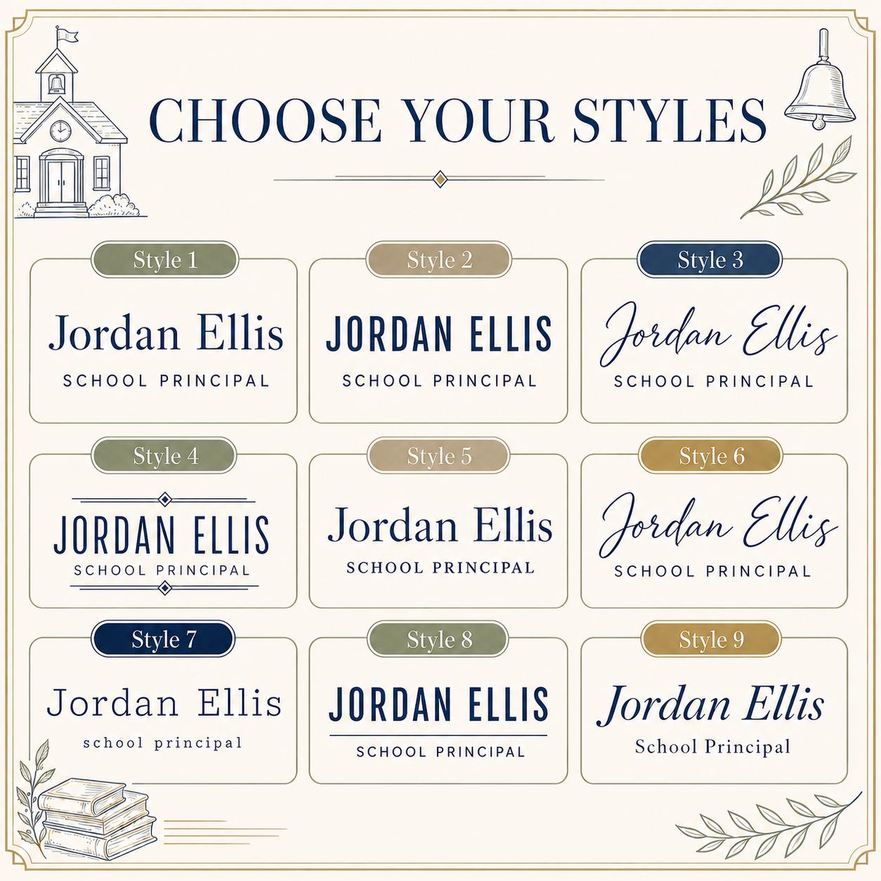 Nine typography styles for the principal acrylic nameplate