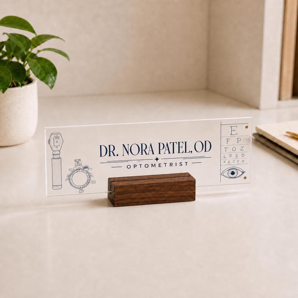 Personalized optometrist acrylic nameplate design example