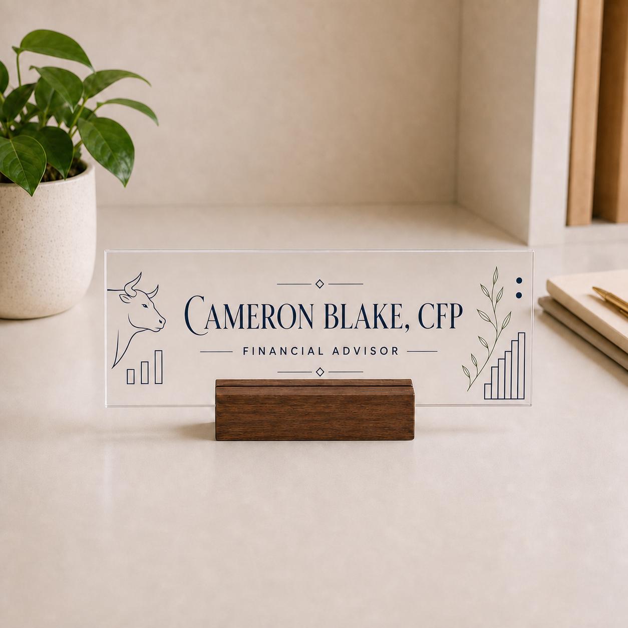 Personalized financial advisor acrylic nameplate design example