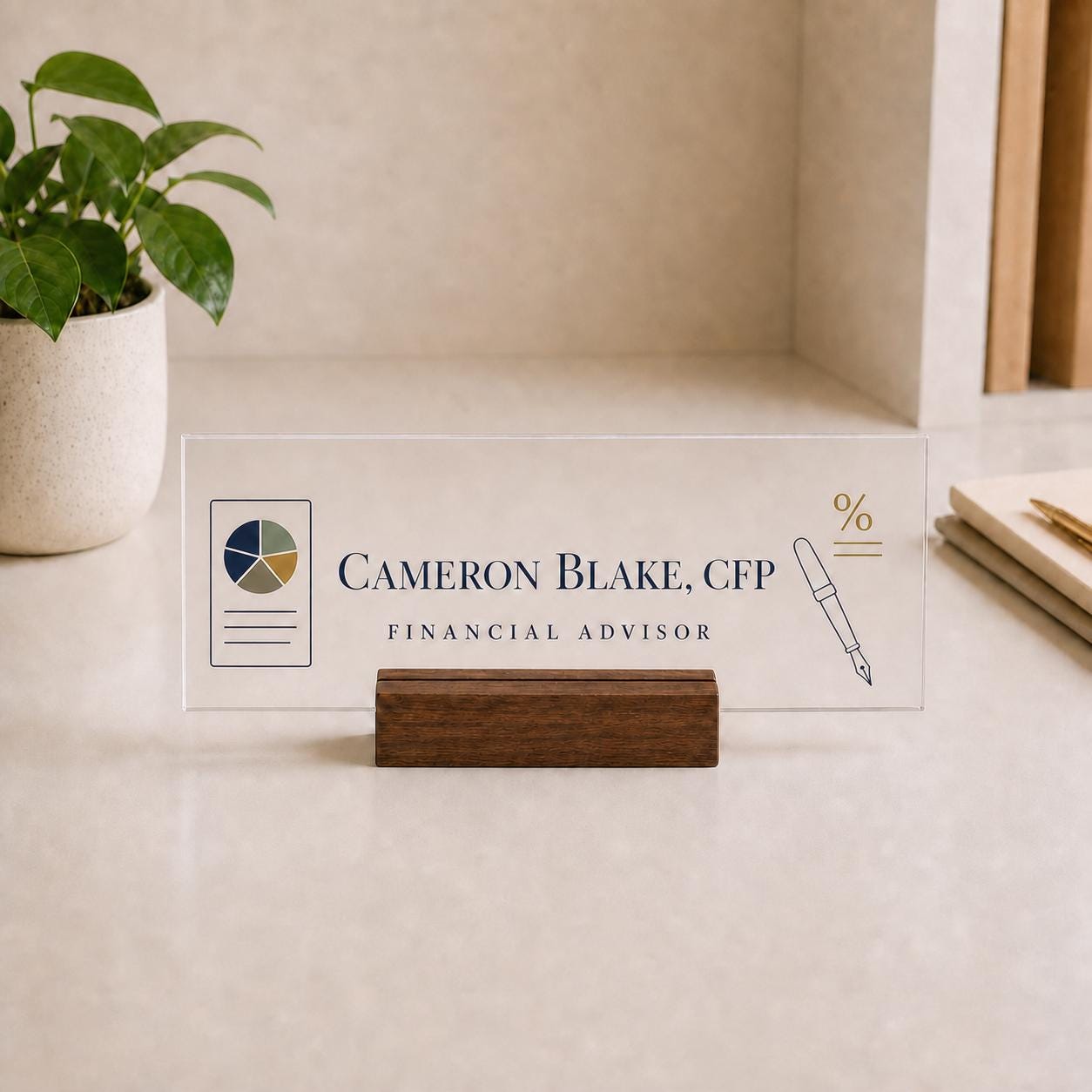 Personalized financial advisor acrylic nameplate design example