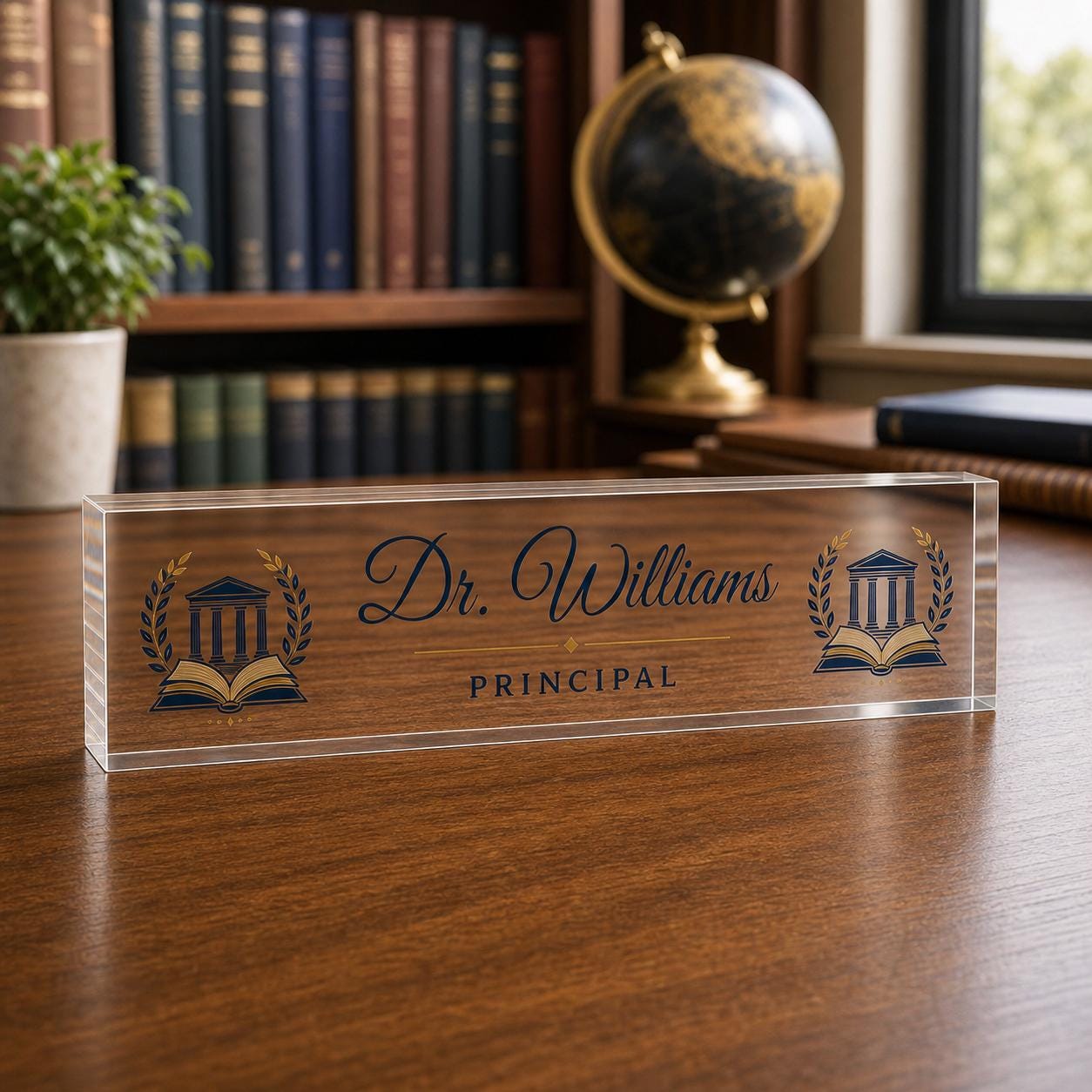 Principal personalized freestanding clear acrylic block desk nameplate in a refined school office