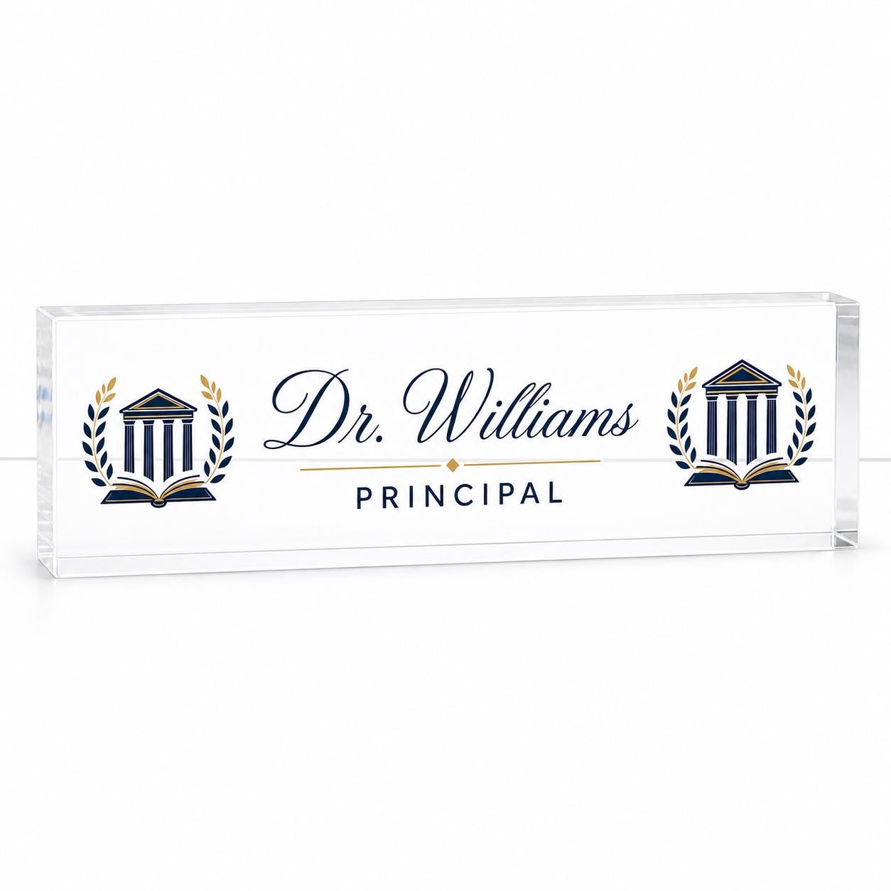 Principal personalized transparent acrylic block nameplate on a clean white studio background