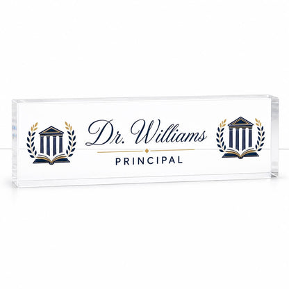Principal personalized transparent acrylic block nameplate on a clean white studio background