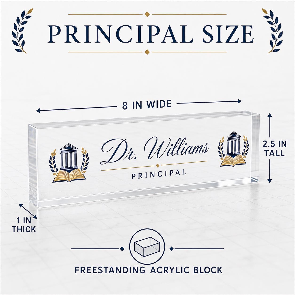 Principal clear acrylic block size guide showing 8 by 2.5 by 1 inch freestanding dimensions