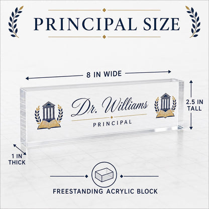 Principal clear acrylic block size guide showing 8 by 2.5 by 1 inch freestanding dimensions