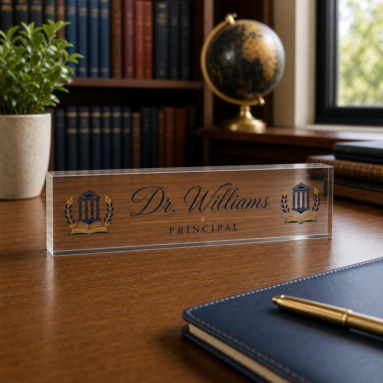 Principal personalized transparent acrylic block nameplate on an executive desk with navy planner