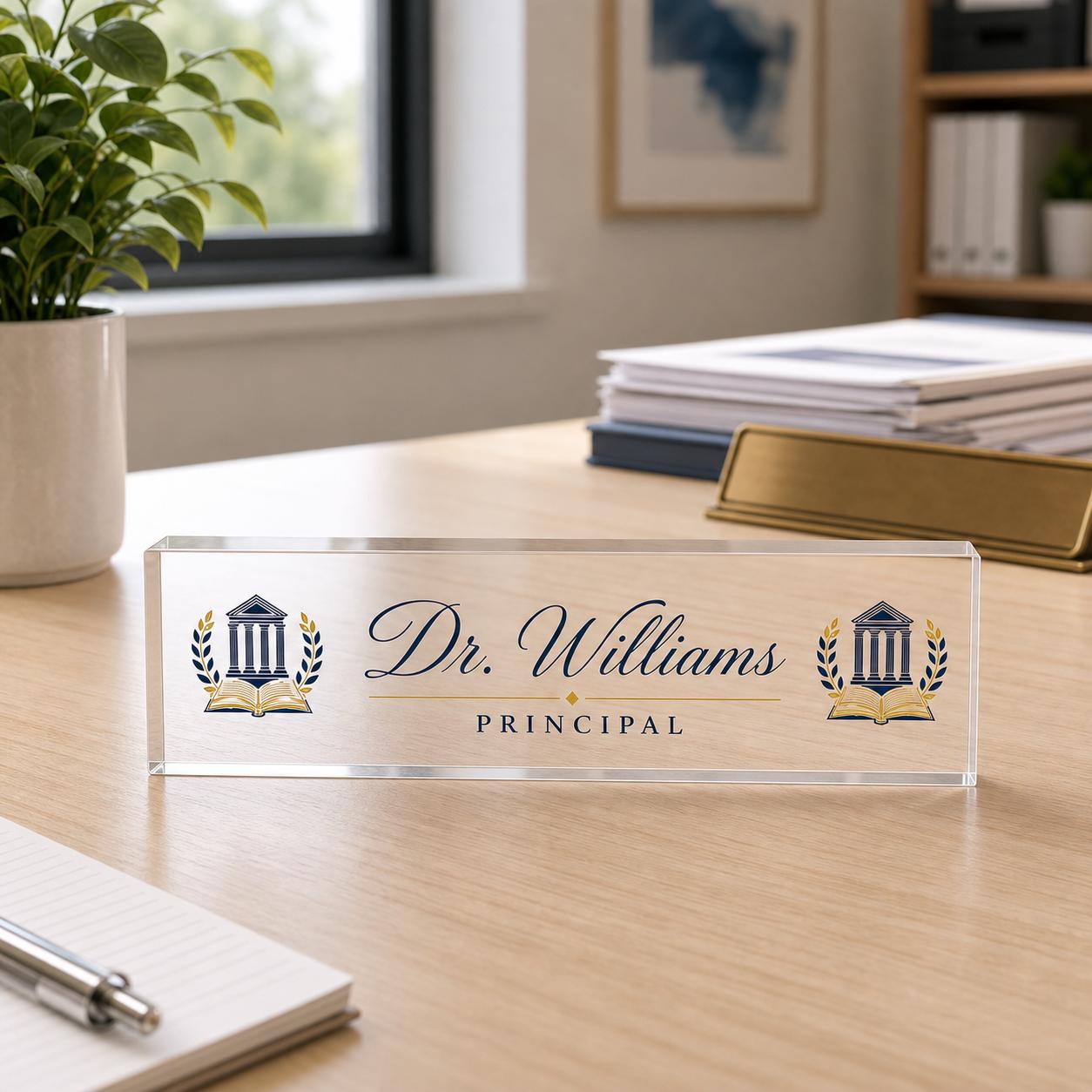 Principal personalized transparent acrylic block nameplate in a bright modern school office