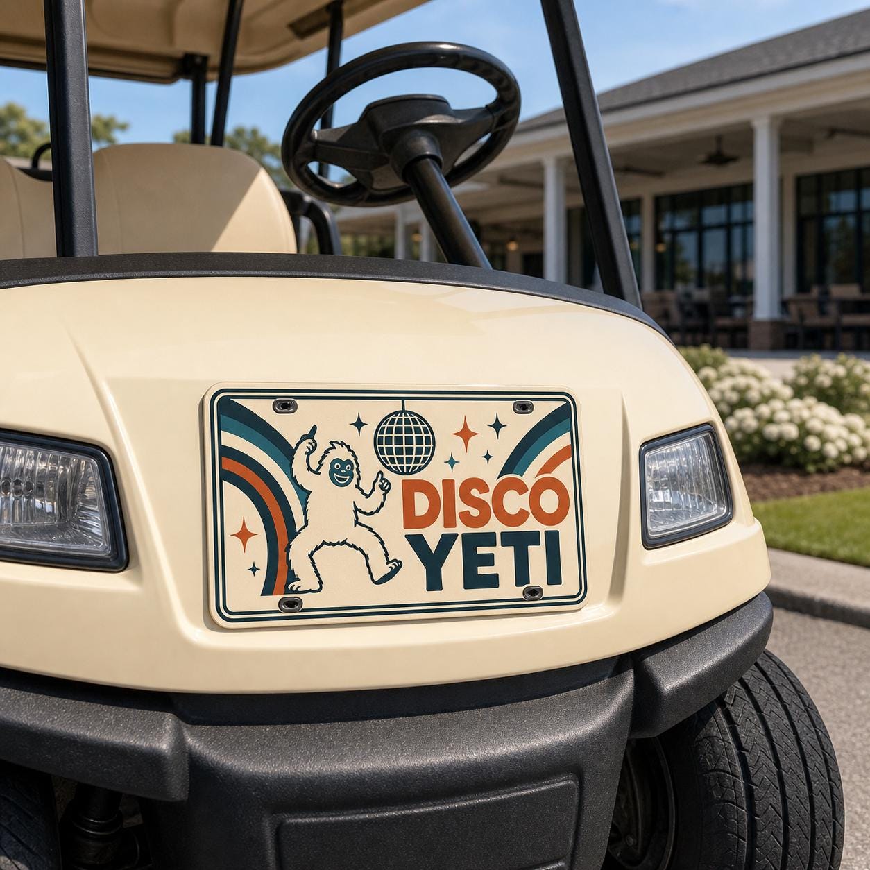 Disco Yeti custom aluminum license plate professionally mounted on the front of a cream golf cart.