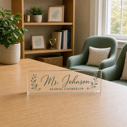 School Counselor personalized clear acrylic block nameplate in exact Style 1 in a calm counseling office