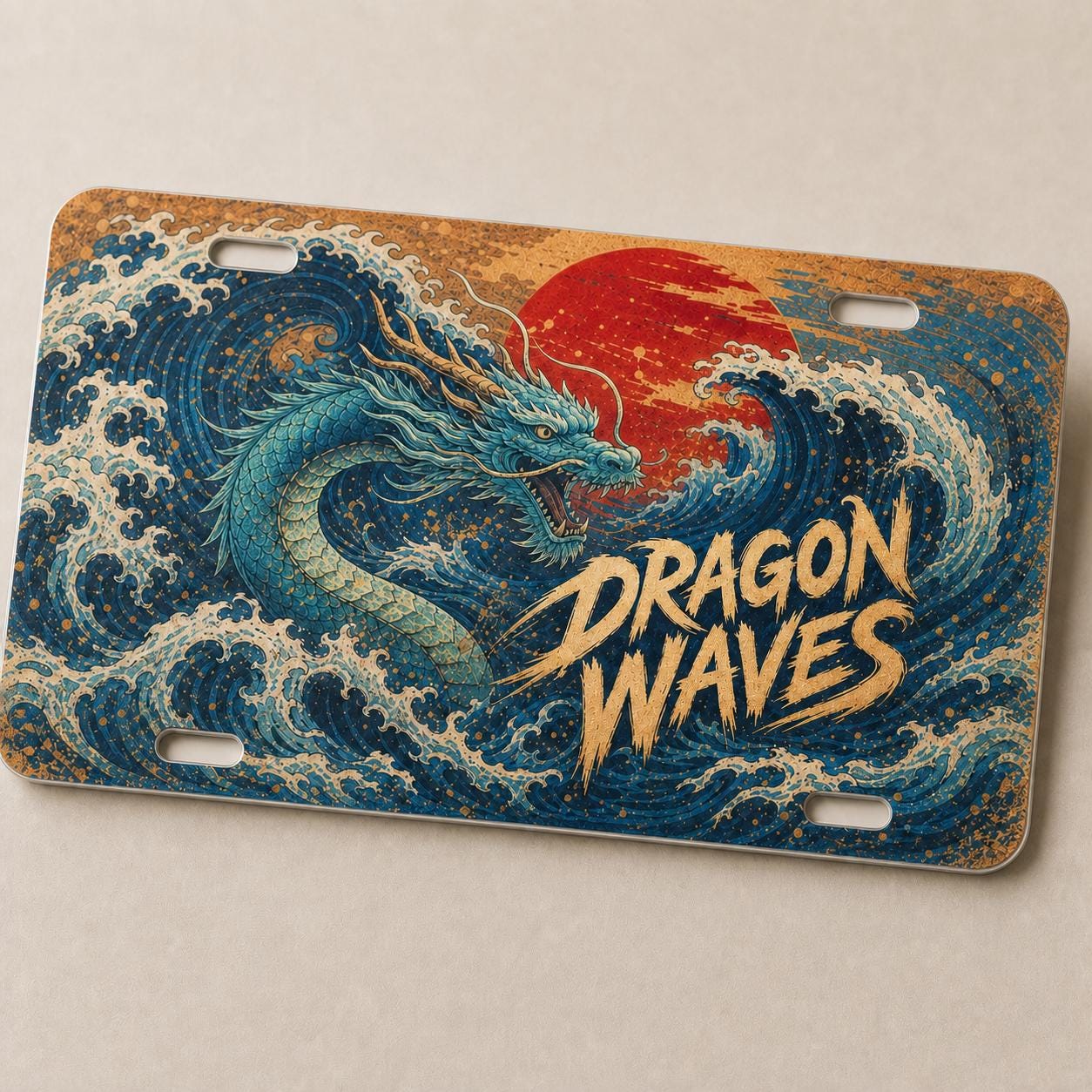 Thin aluminum Dragon Waves custom license plate showing crisp full-color printing and all four open mounting slots.