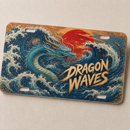 Thin aluminum Dragon Waves custom license plate showing crisp full-color printing and all four open mounting slots.
