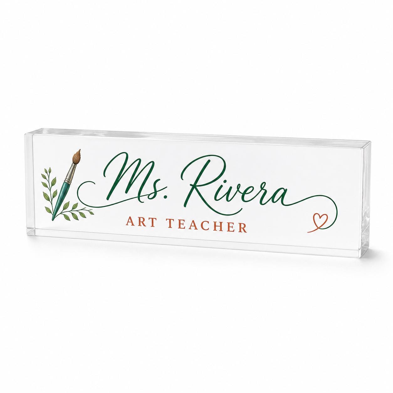 Art Teacher personalized transparent acrylic block nameplate exact purchasable Style 1 on a white studio background