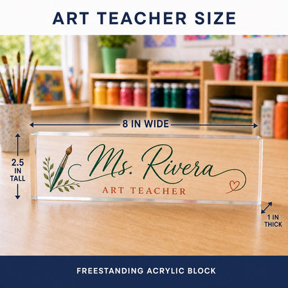 Art Teacher personalized transparent acrylic block nameplate size guide with exact purchasable Style 1 and 8 by 2.5 by 1 inch dimensions