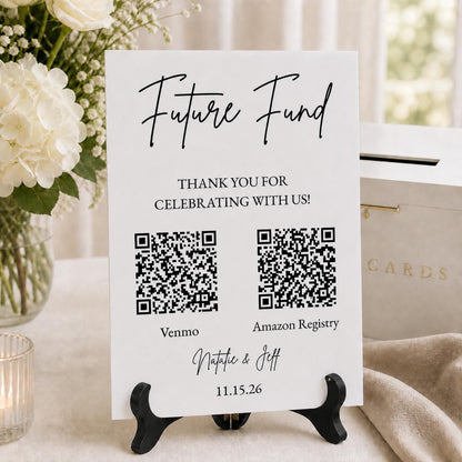 Personalized Future Fund white acrylic wedding sign on the optional black wooden folding stand at an elegant gift table