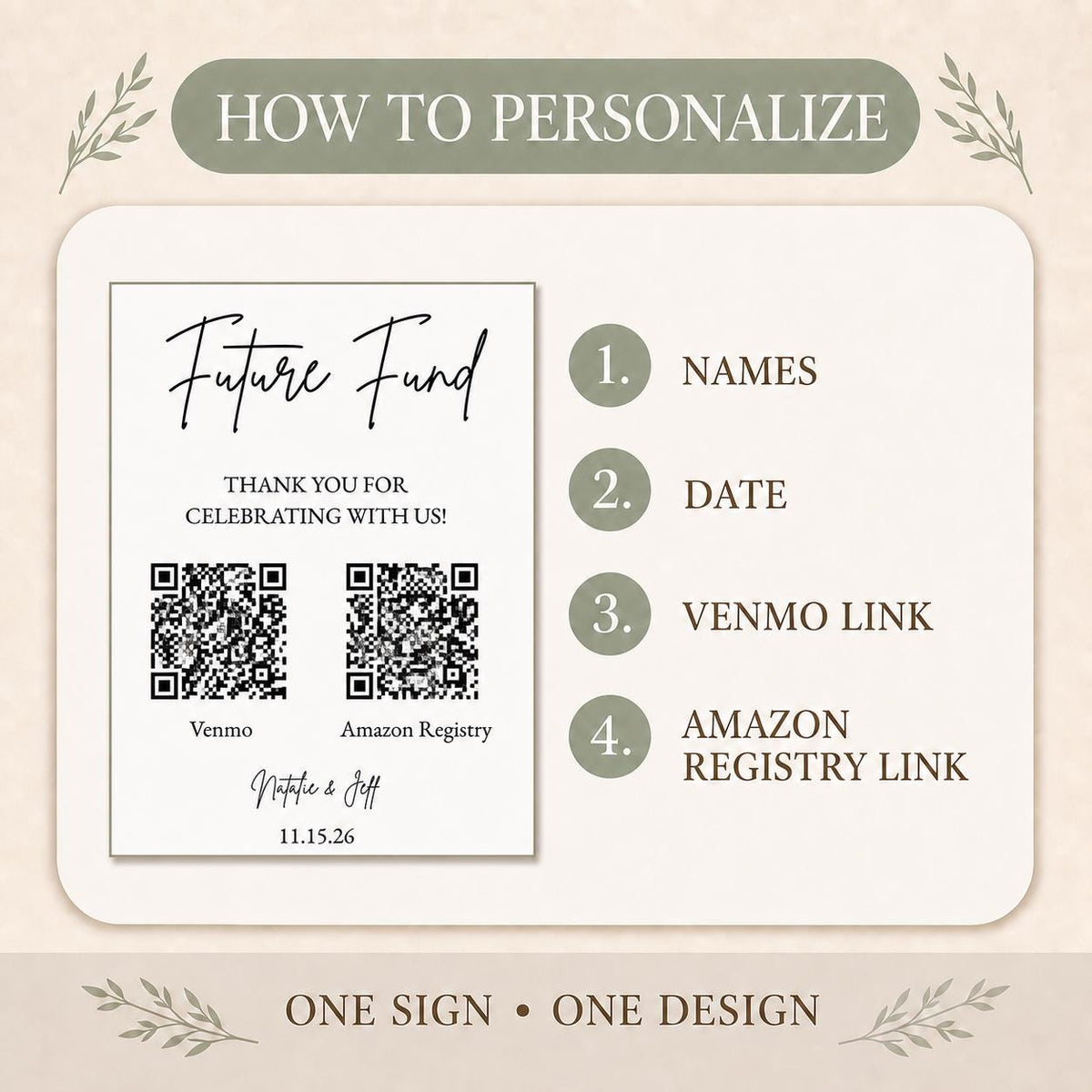 How to personalize the sign with names date Venmo link and Amazon Registry link
